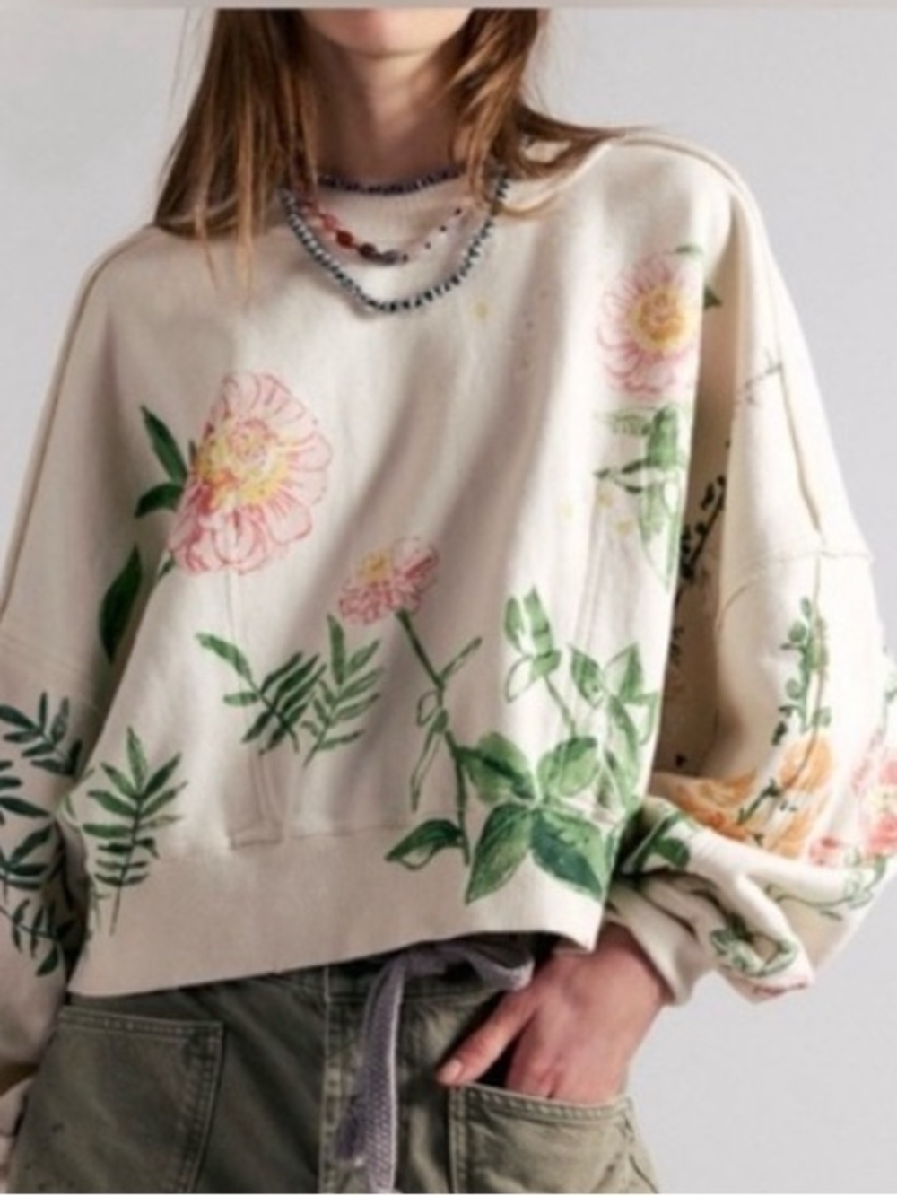 Free People Gaia Sweatshirt Ivory Floral Combo Crewneck Dolman Sleeves Size XL